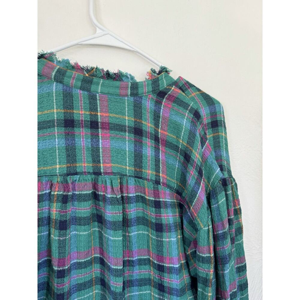 Anthropologie Pilcro Cropped Puff-Sleeve Soft Crinkle Green Plaid Blouse Small - Picture 12 of 13